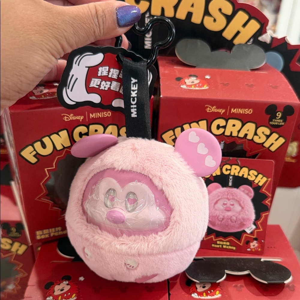 Disney Miniso Fun Crash -  Pink Mickey Plush keychain. Confirmed “ Heart Mickey”
